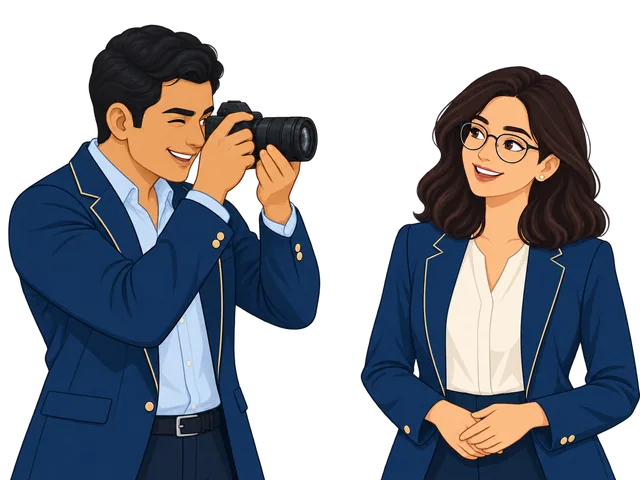 An illustrated Indian man photographing a smiling woman