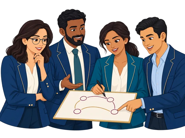 Four Indian comic personas collaborating on a diagram: reflecting, contributing, sketching, and connecting ideas