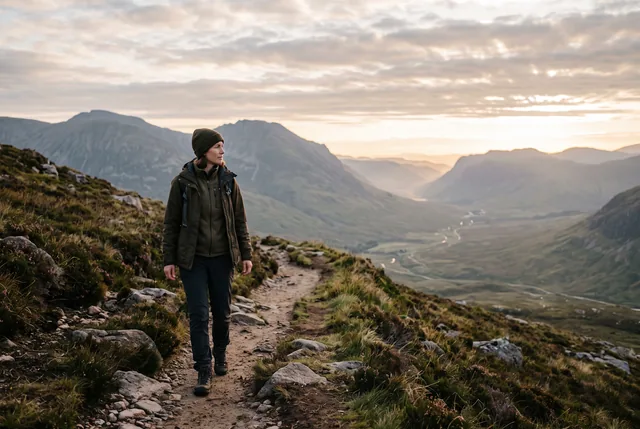 A person walking a quiet mountain path toward the morning light